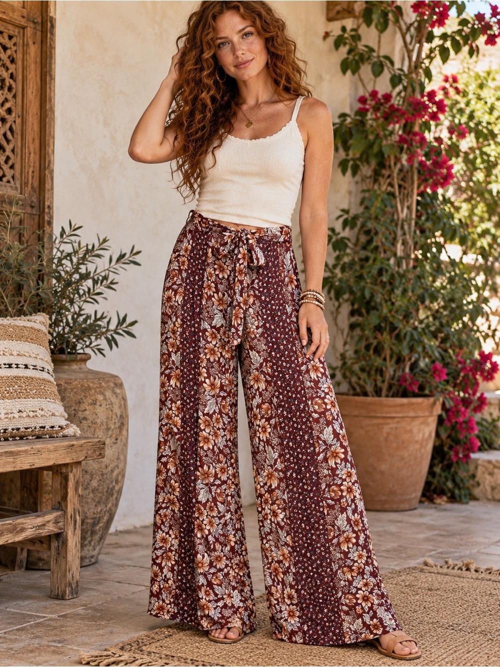 Angie Boho Floral Wide Leg Palazzo Pants Tie Waist Burgundy